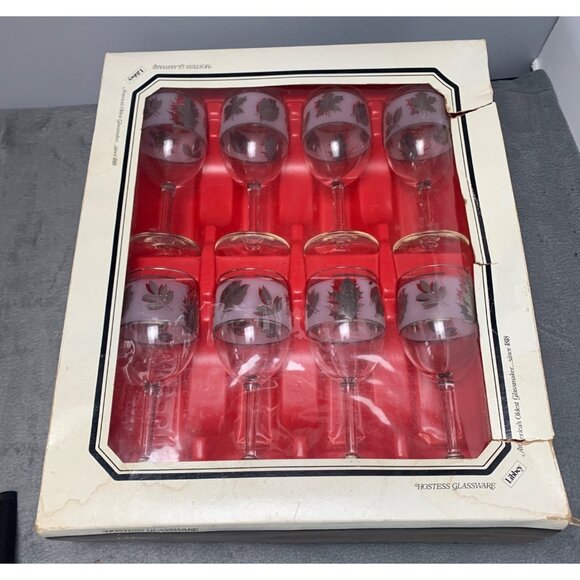 Set of 8 Vintage Libbey Silver Foliage 10 Oz Goblet Wine Glasses In Original Box - Picture 9 of 10